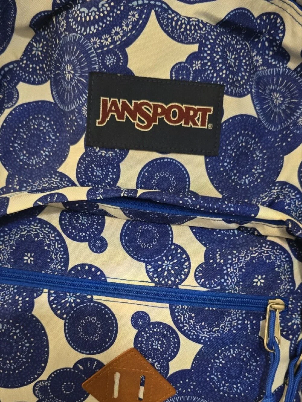 Jansport Blue & White Patterned Backpack with Brown Base
